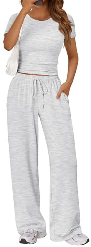 LILLUSORY 2 Piece Lounge Wear Pjs Sets for Women UK Summer Vacation Travel Outfit Airport Casual Elastic Waisted Wide Leg Trousers Co Ord Sets Dressly Capsule Wardrobe Clothing 2026 Oatmeal Grey M