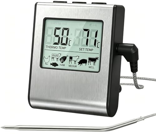 Uadme Termometro Digital Cocina Carne con Sonda, Termómetros de Barbacoa con Pantalla LCD Grande y Temporizador, Meat Thermometer para BBQ Alimentos Parrilla Horno