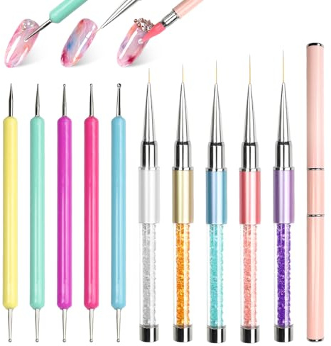 Juego de 11 pinceles profesionales para uñas, 5 pinceles para delinear esmalte de uñas, 5 herramientas para puntear y 1 lápiz de doble extremo, ideal para líneas finas, puntos y diseño de uñas preciso