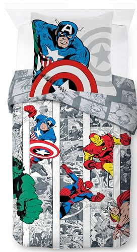 Jay Franco Marvel Avengers Comics Set Copripiumino – Biancheria da Letto Super Morbida per Bambini con Federa, SOLO COPRIPIUMINO (Imbottitura Non Inclusa), Iron Man, Hulk, Multicolore, 2 Pezzi Singolo