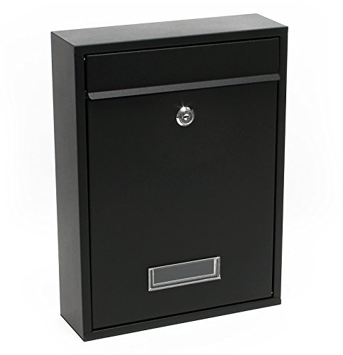 Wiltec Buzón de pared color negro V10 con placa de identificación, amplia ranura para cartas y 2 llaves buzón de acero con recubrimiento en polvo para montaje en pared