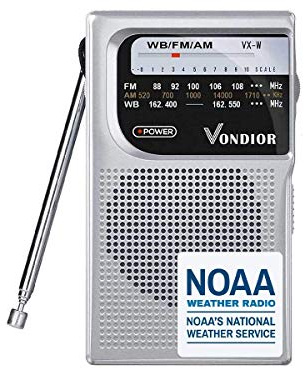 NOAA Weather Radio - Emergency NOAA/AM/FM Battery Operated Portable Radio with Best Reception and Longest Lasting Transistor. Powered by 2 AA Battery with Mono Headphone Socket, by Vondior (Silver)