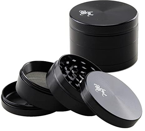 Black Leaf | Grinder in alluminio | nero | piccolo 4 pezzi Ø 49/47 mm H 36 mm | denti taglio diamantato | + raschietto | Crusher speciale per erbe aromatiche