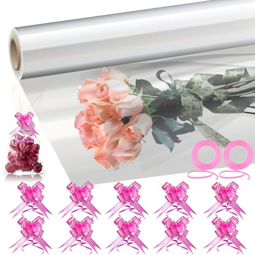 Cieex 40 m di carta da regalo trasparente, trasparente, set di fogli di cellophane trasparente, grande carta da imballaggio trasparente per fiori, artigianato, cesto, regalo avvolgente