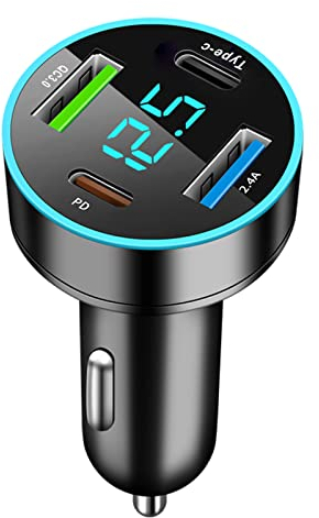 GemCoo 4 Port USB Car Charger Adapter 65W PD & Type-C & QC3.0 Cigarette Lighter USB Charger with LED Voltmeter Fast Charger Compatible with iPhone, Android, Samsung, iPad Pro