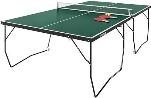 SPORTNOW Mesa de Ping Pong Plegable para Interiores Mesa de Tenis Profesional Tamaño Estándar con Red Paletas 3 Pelotas 274x152,5x76 cm Verde