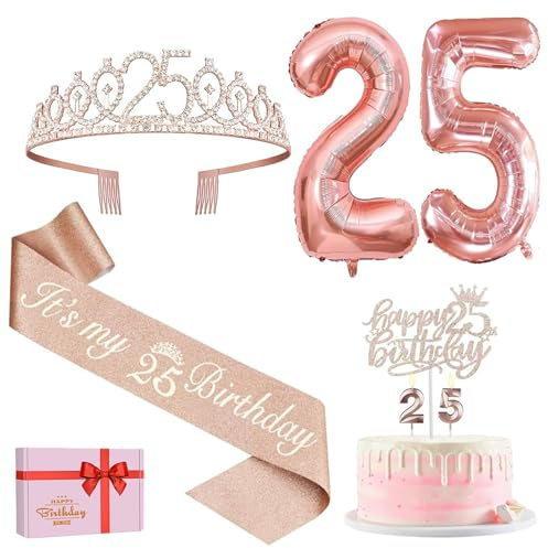 25. Geburtstag Mädchen Deko Set - Schärpe, Krone, Tortendeko, Kerzen, Roségold Luftballons - Party Supplies und Geschenk