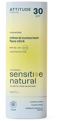 ATTITUDE Crème Solaire Visage Minéral Solide, pour Peaux Sensibles, SPF 30, EWG Verified, Protection Large Spectre UVA/UVB avec Oxyde de Zinc, Testé Dermatologiquement, Végan, Sans Parfum, 20 g