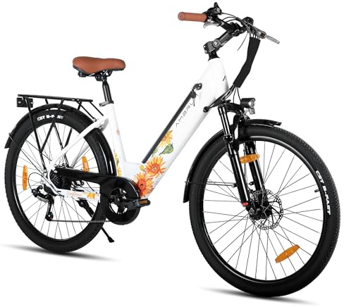 Hiland 26 Zoll 250W Elektrofahrrad, Elektro Citybike mit 36V 10.4Ah Akku, 7 Gang Elektrofahrrad für Männer Frauen mit Hartstahl Rahmen, Weiß City Pendlerfahrrad für Erwachsene