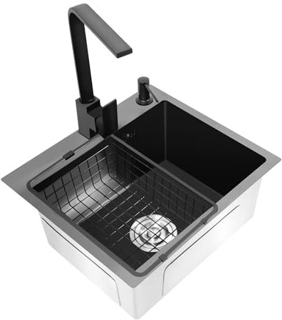 Évier en acier inoxydable - 40 x 45 cm - Noir - Avec évier et robinet - 1 bac encastrable - Pour meuble bas de 45 cm - Avec panier d'égouttement et passoire