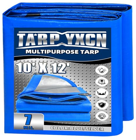 TA*RP YXCN Tarp 10x12 Feet, 7 Mil Thick Waterproof Poly Tarps Cover UV Resistant, Rip & Tear Proof with Metal Grommets Every 20 Inche (Blue/Silver)