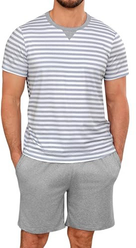 Leversic Verano Conjunto de Pijama Hombre Ropa de Dormir de Algodón Camisetas de Pijama a Rayas de Manga Corta y Pantalones Cortos para Dormir con Bolsillos