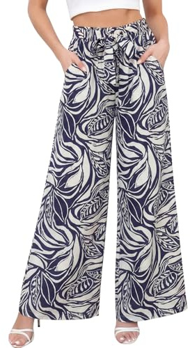 Genfien Pantalon Femme Été Pantalons Taille Haute Elastique Palazzo Pants Jambe Large Fluide Droit Décontractée Elegant avec Poches Léger