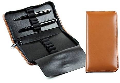 DELMON VARONE - Personalisierbares Federmäppchen Cambridge Top Grain Leder braun, Damen & Herren Echtleder Schreibgeräteetui, Federtasche mit Reißverschluss für 13 Schreibgeräte inkl. Schutzwand