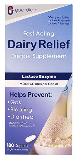 guardian Dairy Relief Fast Acting Lactase, 180 Caplets, 9000 FCC Maximum Strength, Lactose Intolerance Pills, Lactase Enzyme (180 CT)