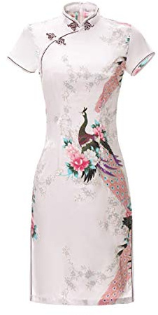 ACVIP Women's Peacock Flower Print Short Sleeve Qipao Chinese Traditional Dress Above Knee Length (UK 8/Chinese L, White)