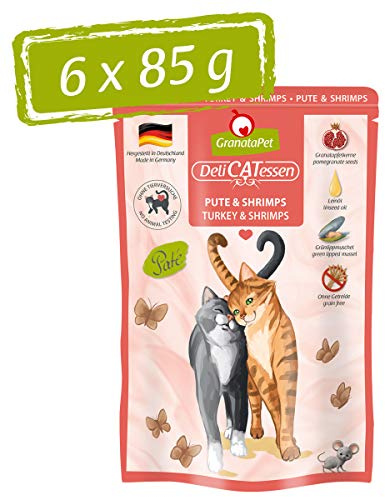 GranataPet Delicatessen Nourriture Humide pour Chats à la Dinde et aux crevettes - Sans céréales et sans sucre - 6 x 85 g