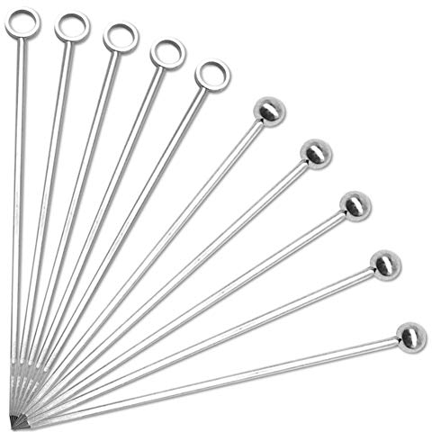 CKANDAY 10 Pack Stainless Steel Cocktail Picks, Reusable Fruit Sticks Metal Martini Skewers Olive Drink Picks Set for Holiday Party Events, Circle/Ball,2 Styles Tops- Silver