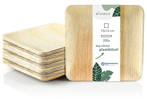 Wiseware Palmbladstallrik – 200 stycken fyrkantiga engångstallrikar 15 x 15 cm – biologiskt nedbrytbart palmbladsporslin – komposterbart festporslin – ekologisk engångsservis (200, 15 x 15 cm)