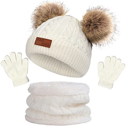 NLAND 3 in 1 Set de Bufanda Gorro Guantes Niña Niño Conjunto de Cálido Gorro de Punto Invierno con Pompon, Braga Cuello con Forro Polar y Guantes Termicos para Niña Niño 2-6 Años(Blanco#1,talla única)