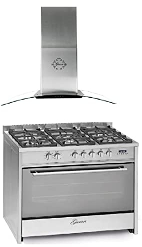 GURARI Gas Elektro Standherd GCH E 911 X+ GCH T 465 IS 90 BL Prime, 90 cm/Range Coocker / 121L / 8 Funktionen/Erdgas/Propangas/Edelstahl/Inkl. WOK Adapter + Dunstabzugshaube 90 cm 1000m³/h