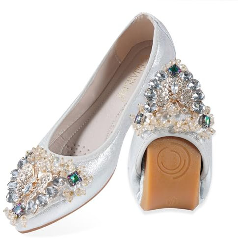 MACHSWON Women Ballet Flats Butterfly Rhinestones Wedding Ballerina Shoes Foldable Sparkly Comfort Slip on Flat Shoes Dress Flats for Women(Silver 6, Size 5.5)