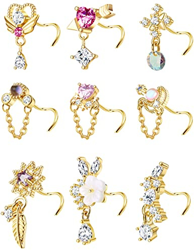 JOERICA 9 Pcs 20G Dangle Nose Rings Studs for Women Stainless Steel L Shaped Nose Studs Heart Arrow Feather Snowflake Wing CZ Dangling Nose Piercing Jewelry