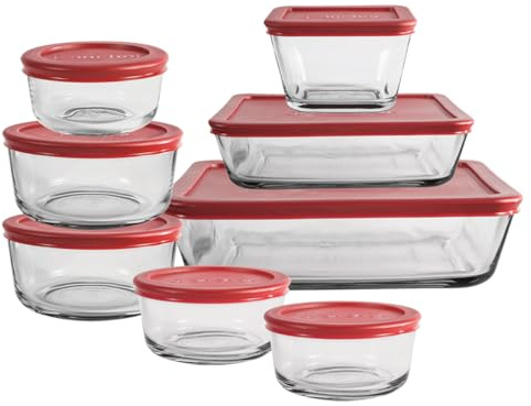 Anchor Hocking 16 Piece Glass Storage Containers with Lids (8 Glass Food Storage Containers & 8 Red SnugFit Lids)