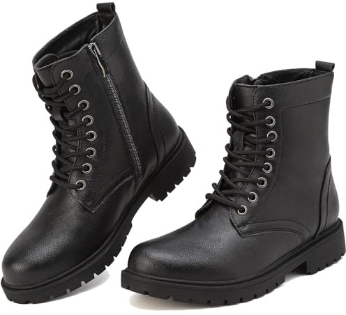 ziitop Stivali da lavoro impermeabili da donna, stivali da lavoro, con lacci, con cerniera laterale, stivali da combattimento da donna, stivali neri con piattaforma in pelle, Nero , 40 EU