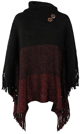 JFAN Poncho Femme Hiver Chaud Cape Femme Hive Tricot Ponchos en Maille Pull à Col Roulé Châle Grande Taille à Franges,Noir,Taille Unique