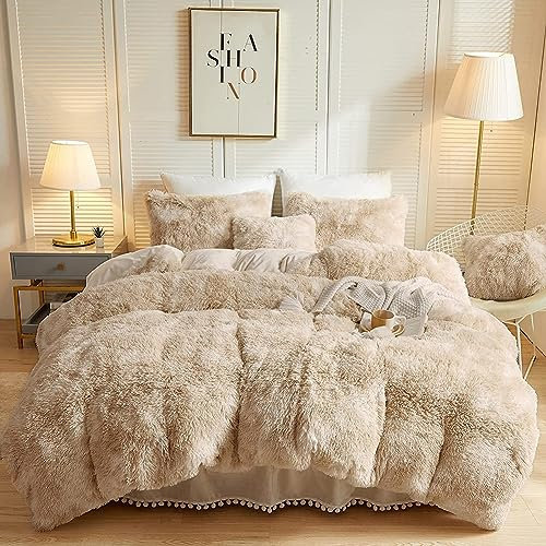 Michorinee Housse de Couette en Peluche 200x200 + 2 Taie d'oreiller 65x65 cm Parure de Lit Polaire Flanelle Chaud Hiver - Linge de lit 2 Personnes Duveteux avec Fermeture Éclair, Tie Dye Beige
