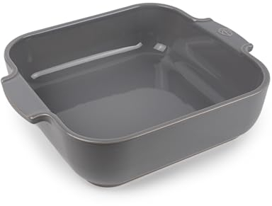 PEUGEOT - Fuente cuadrada de cerámica para horno - 21 cm (asas incluidas) x 17,5 cm x 6 cm - Capacidad: 1,1 L - Porción individual - Fabricado en Francia - Color gris claro