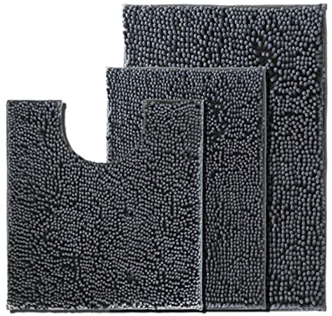 UHOUSEST Badezimmer Matte Set 3 Stück, Anti-Rutsch-Chenille Bad Matte Set Teppiche, weich mit Wasserabsorbierenden Sockel Badematte und U-Form Bad Toilette Teppich für Maschine waschbar, Anthrazitgrau