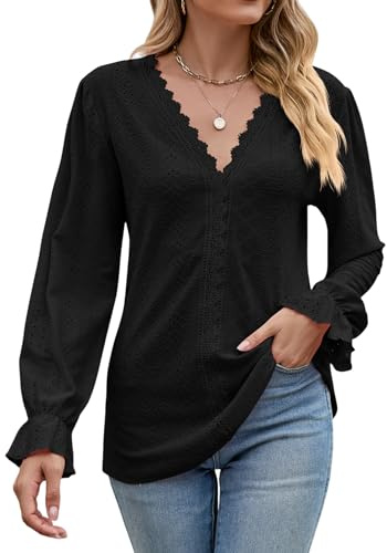 Atxnn Mujer Blusa Elegantes de Encaje Camiseta con Cuello en V Camisa Casual de Manga Larga Tops con Ojales de Fiesta, Negro Mediana
