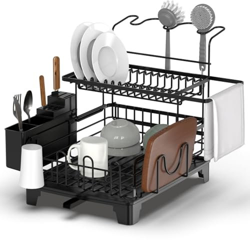 YIGII 2-stufiges Abtropfgestell Geschirr mit Erweiterbar Ständer, Multifunktionales Geschirrabtropfgestell, Platzsparendes Geschirrregal, Edelstahl-Abtropfgestell mit Utensilienhalter, Schwarz