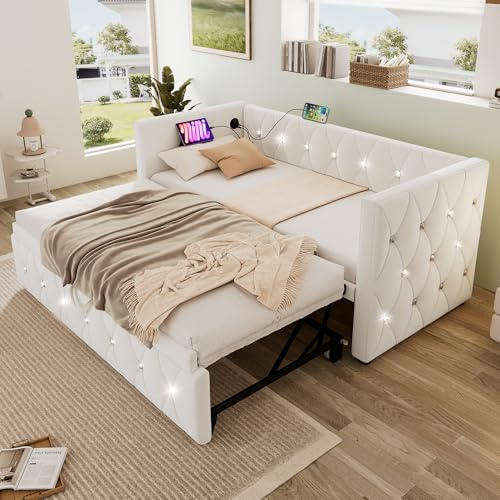 ANIROY Daybed 90x190cm, Single Upholstered Bed, Sofa Bed with USB &Type C Charging Sations, 3FT Single Bed with Pull out Trundle Beds for Living Room and Bedroom, Velvet (Beige)