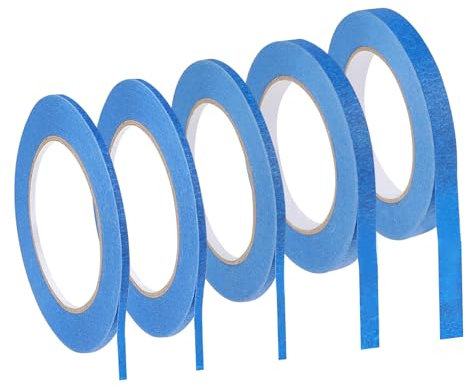 JJUNW Lot de 5 rouleaux de ruban adhésif bleu - 3/5/10/12 mm x 50 m - 4 largeurs - Avec ligne fine - Pour voiture, école, bureau, projets de bricolage