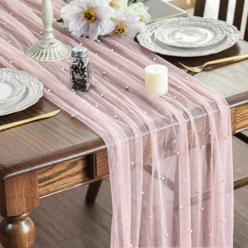 Artoid Mode Bordslöpare i rosa tyll med pärlor – 70 x 300 cm – Köksbordsdekoration för inomhusbruk, semester, bröllop, födelsedag, fest