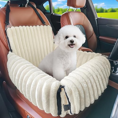 MIXJOY Asiento de Coche para Perros pequeños y medianos, extraíble y Lavable, Correa con inserción, Relleno de Espuma viscoelástica Espesa, para Asiento Trasero y Delantero (Beige)