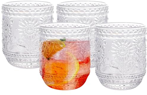 Ulable Drinking Glasses Set of 4-360ml/12oz Vintage Tumbler Glasses - Decorative Floral Embossed Water Glasses - Heavy Duty Glassware Beverages Tumblers for Whisky, Beer, Juice, Wine, Transparent