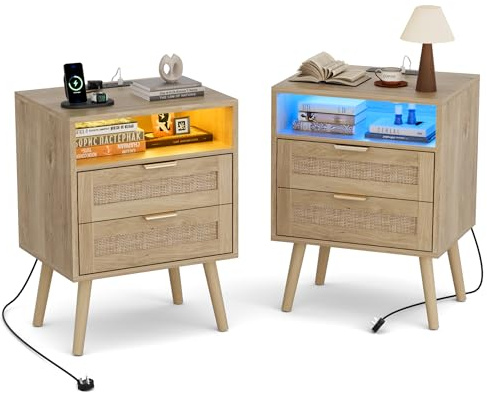 BonVache Rattan Bedside Tables Set of 2, Nightstand with Charging Station and LED Lights, Bedside table with 2 wicker drawers and Open Shelf, Solid Wood Legs, Bed side table for Bedroom, Living Room