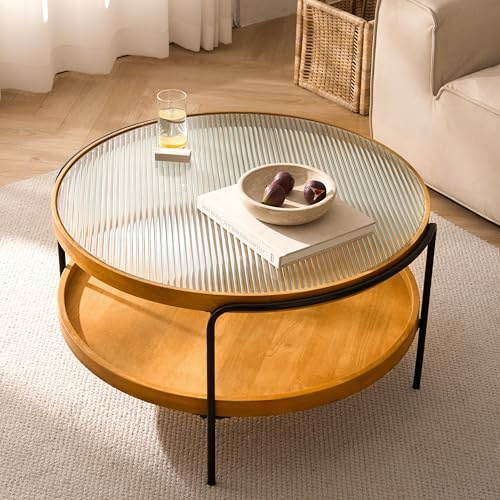 Mesa de centro redonda, mesa de salón redonda con espacio de almacenamiento, mesa de café de 2 niveles de madera con vidrio templado, moderna gran espacio de almacenamiento, mesa de café con