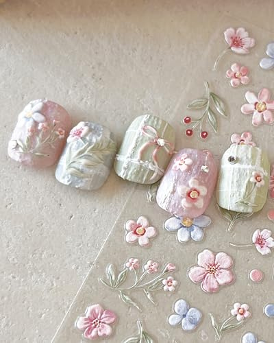 lulir Pegatinas para Uñas Relieve - Jardín de Primavera, Pegatinas Uñas Flores, Nail Stickers Uñas, Decoración de Uñas para Manicura DIY y Salón (Flores Rosas y Azules)