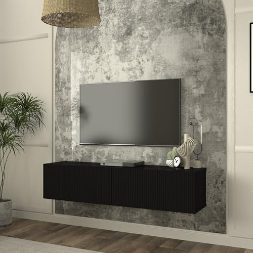 [en.casa] Mobile Porta TV Sospeso con 2 Ante Decorative a Ribalta Stand Multimediale da Parete con 2 Vani Chiusi per Soggiorno Studio Mobile Contenitore 135 x 32 x 30 cm - Nero