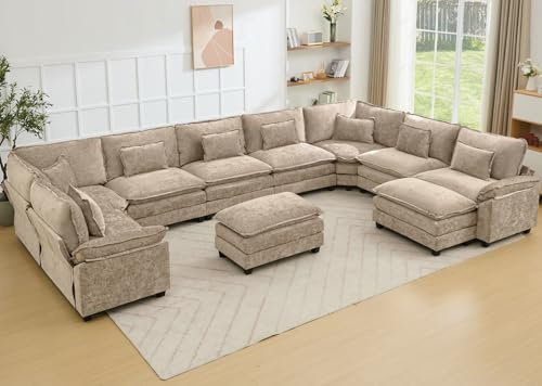 BIAOZHIKE Oversized Modular Sectional Sofa Set, Convertible Deep Seat Cloud Couch with Ottoman, Large U Shaped Corner Couch with Throw Pillows for Living Room (Khaki, 10 Seater)