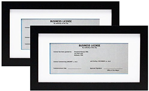 5x10 Black Gallery Business License Frame with 3.5x8 Mat Two Pack - 2 Frames - Wide Molding - Includes Attached Hanging Hardware and Desktop Easel - Display Panoramic Picture or Retail Licenses