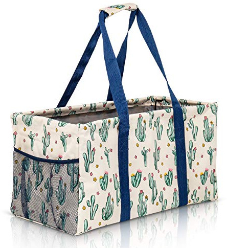Lucazzi Extra Large Utility Tote Bag, Oversized Collapsible Reusable Wire Frame Rectangular Canvas Basket With Two Exterior Pockets For Beach, Pool, Laundry, Car Trunk, Storage - Cactus White