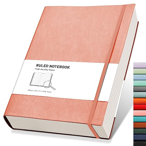 RETTACY A4 Lined Notebook, Leather Softcover Journal, 320 Pages, Pink | Notepad for Men Women, 100 GSM Thick Ruled Paper, for School Office Writing - 21.5 × 27.9 cm