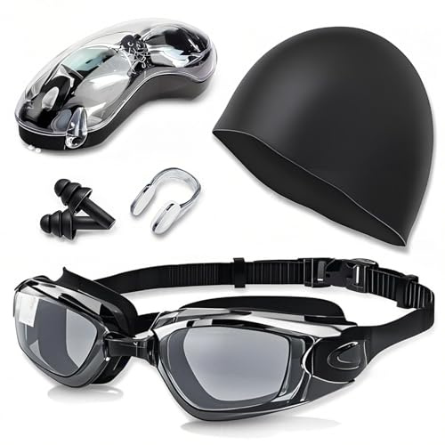 Set de Natación Profesional 5 en 1 – Gafas de Natación Anti-vaho y Protección UV con Gorro de Silicona, Tapones para los Oídos, Pinza para la Nariz y Estuche Rígido para Hombre, Mujer y Niños