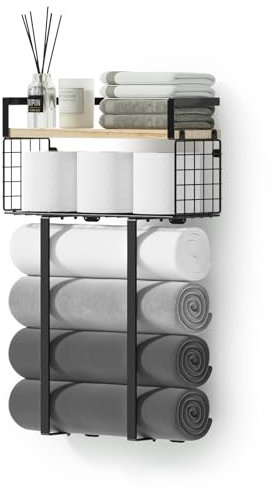 Xstydes Metal Towel Rack for Bathroom With Storage Basket, Wall Mounted Holder for Rolled Towels, Shelves for Small Bathroom Storage